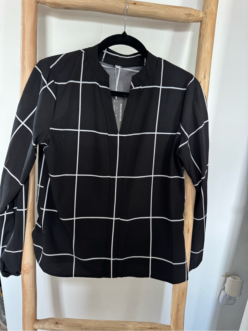Black Windowpane V-Neck Blouse